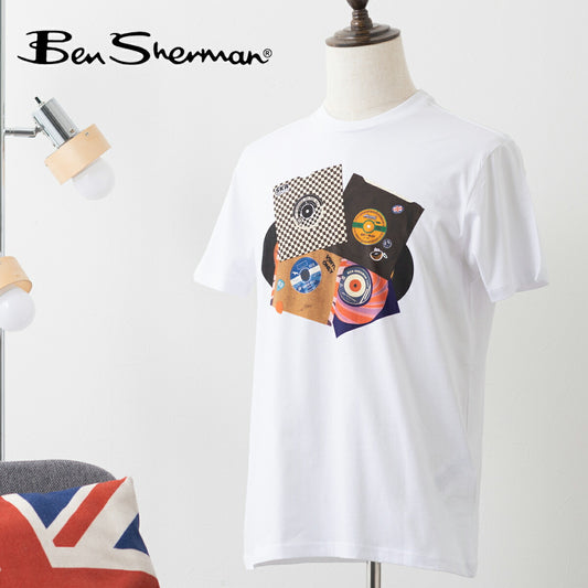 Ben Sherman Men’s Short Sleeve T-Shirt Record Print White Graphic Used