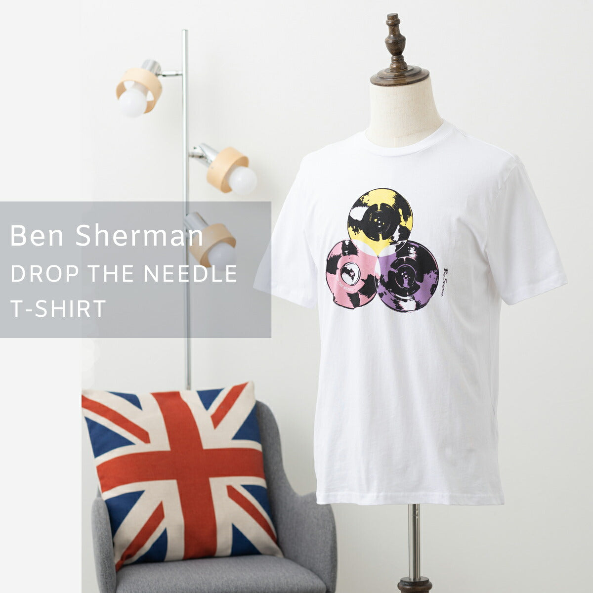 Ben Sherman Men's White Cotton T-Shirt Short Sleeve Drop Needle Record Regu
