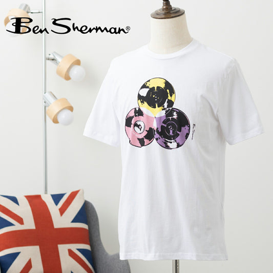 Ben Sherman Men's White Cotton T-Shirt Short Sleeve Drop Needle Record Regu