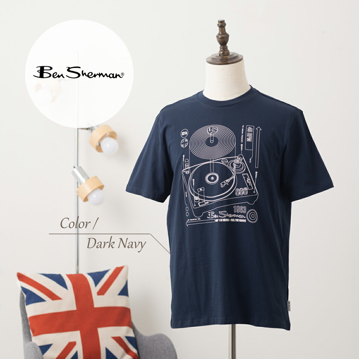 Ben Sherman Graphic Print T-Shirt Dark Navy Short Sleeve Record Play