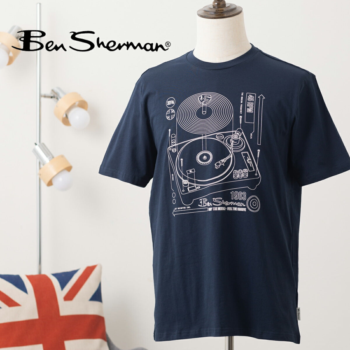 Ben Sherman Graphic Print T-Shirt Dark Navy Short Sleeve Record Play