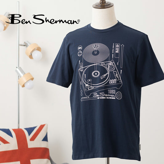 Ben Sherman Graphic Print T-Shirt Dark Navy Short Sleeve Record Play