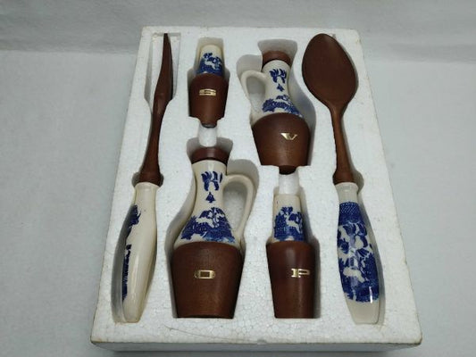 Vintage Ceramic & Wood Cutlery Set with Salt, Pepper, Oil & Vinegar - Used | Japanpricenet