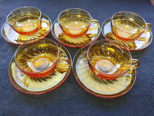 Amber Cup & Saucer Set 5P Yellow Retro Tea Set Used 5cm height | Japanpricenet